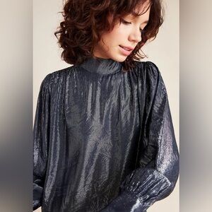 ANTHROPOLOGIE Velvet by Graham & Spencer Chantel Metallic Silver Blouse Large